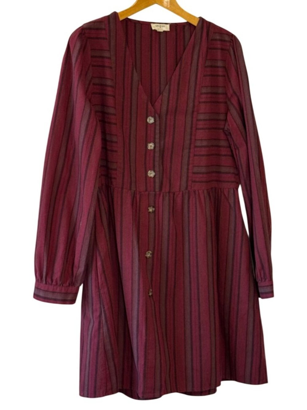 Umgee Burgundy Striped Button-Down Babydoll Dress With Long Sleeves & V-Neckline